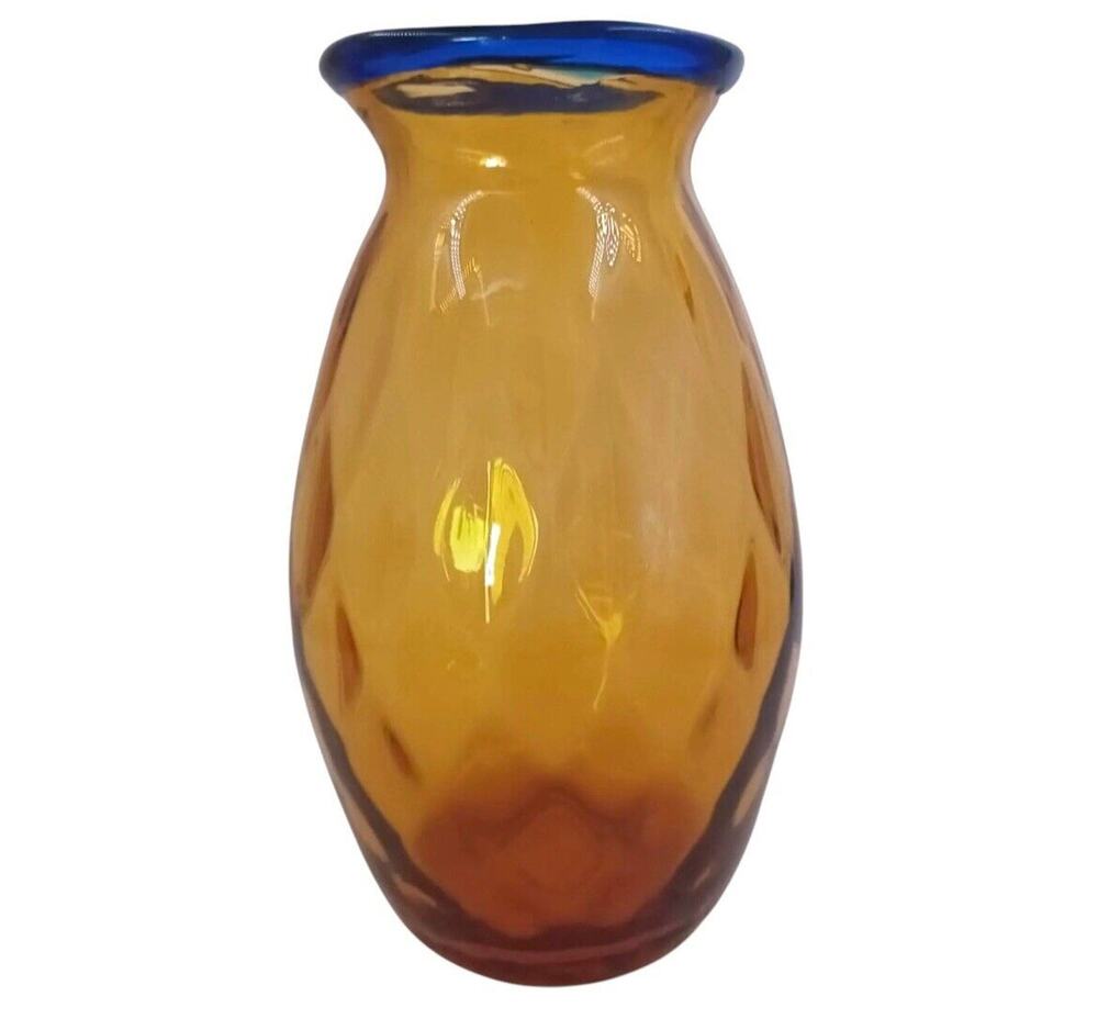 Blenko Vase Optic Glass Wheat Cobalt Vintage Possibly Hank Adams 10.5 X 5.5 X 4